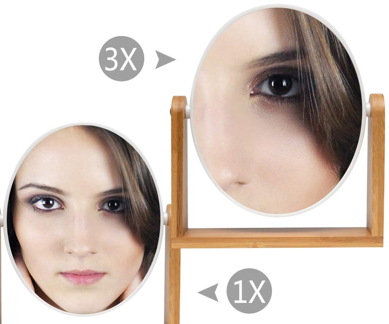 YEAKE Vanity Makeup Mirror with Natural Bamboo Stand, 8 Inch Double Sided 3X Magnification Swivel Mirror for Bathroom & Desk - Image 2